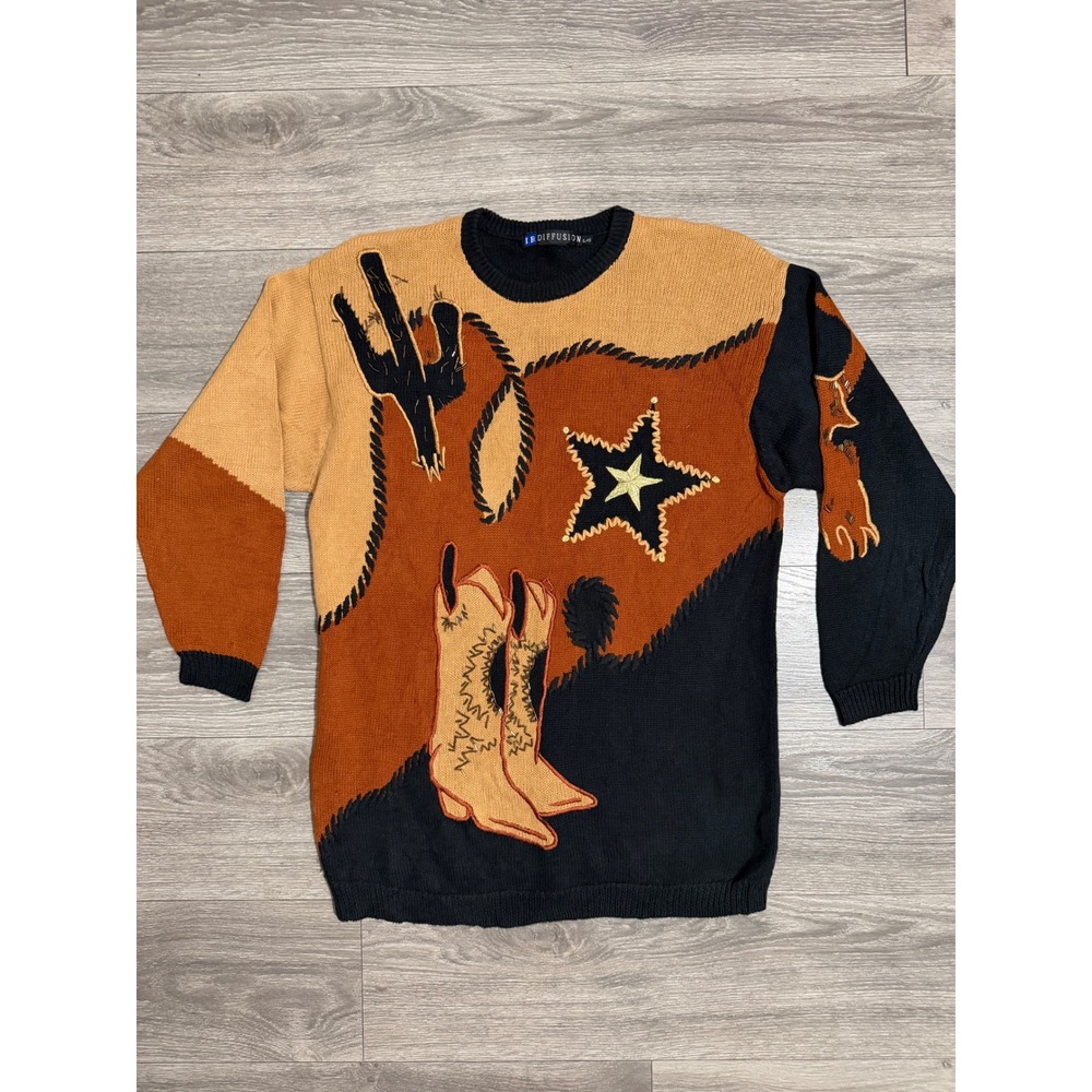Vintage 90s IB Diffusion Sweater Size L Western Beaded Cowboy Boots Cactus Star